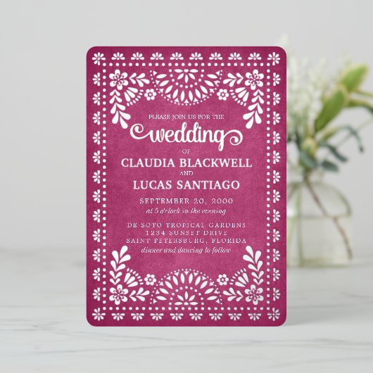 Invitation En Aluminium Papel Picado Mariage rose (Debout devant)