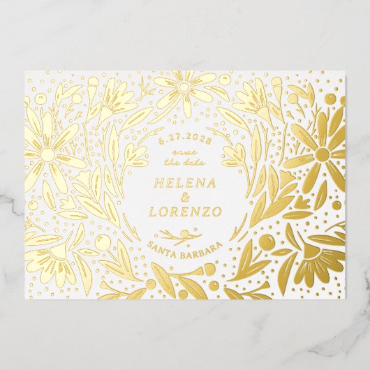 Invitation En Aluminium Papercut Fleurs rustiques Enregistrer la date Or (Recto)