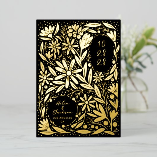 Invitation En Aluminium Papercut Fleurs rustiques Noir Enregistrer la date (Debout devant)