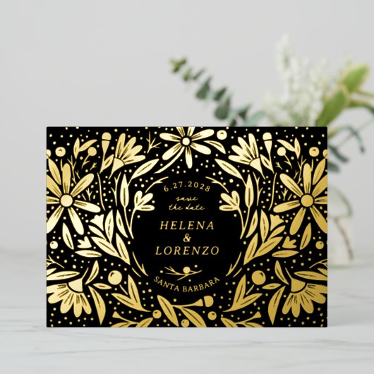Invitation En Aluminium Papercut Fleurs rustiques Noir Enregistrer la date (Debout devant)