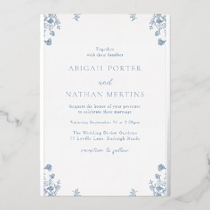 Invitation En Aluminium Papier alu argenté floral bleu vintage pour mariag