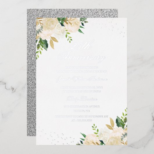 Invitation En Aluminium Papier Aluminium Floral 25e Anniversaire (Recto/Verso)