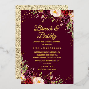 Invitation En Aluminium Papier D'OR Bourgogne Floral Brunch Et Champagne