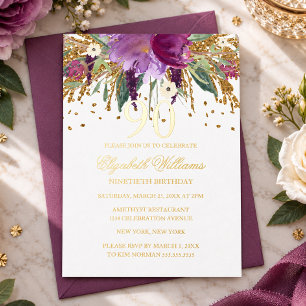Invitation En Aluminium PAPIER D'OR Floral Pailleté Améthyste 90e Annivers