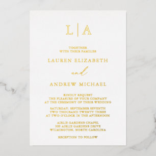 Invitation En Aluminium Papier d'Or Monogramme Initial Minimaliste Mariage