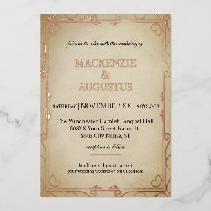 Invitation En Aluminium Papier parchemin vintage avec mariage à l'or