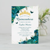 Invitation En Aluminium Papillon à fleurs turquoise Élégant Quinceanera (Debout devant)