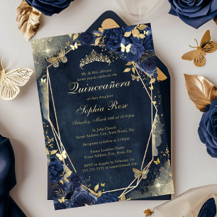 Invitation En Aluminium Papillon à paillettes florales dorées Quinceanera