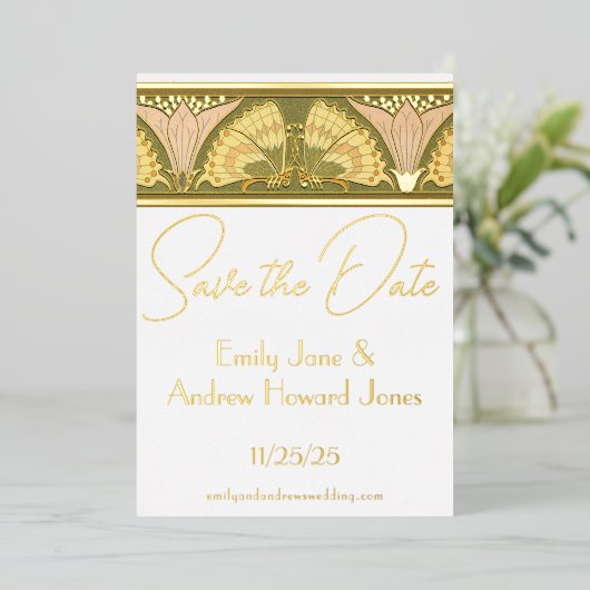 Invitation En Aluminium Papillon Art déco Calla Lily Enregistrer la date (Debout devant)