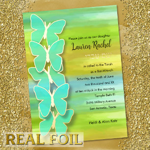 Invitation En Aluminium Papillon bat mitzvah Aquarelle Bleu Vert Jaune