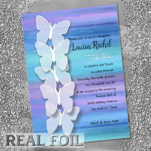 Invitation En Aluminium Papillon bat mitzvah Turquoise Purple Aquarelle