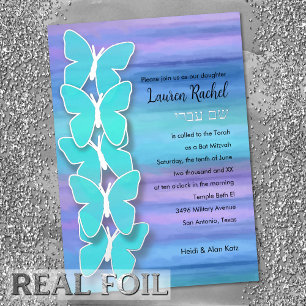 Invitation En Aluminium Papillon bat mitzvah Turquoise Purple Aquarelle