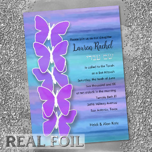 Invitation En Aluminium Papillon bat mitzvah Turquoise Purple Aquarelle
