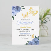 Invitation En Aluminium Papillon bleu Rose Quinceanera Real (Debout devant)