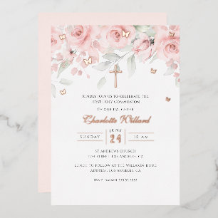 Invitation En Aluminium Papillon Croix en Or Rose pour la Première Communi