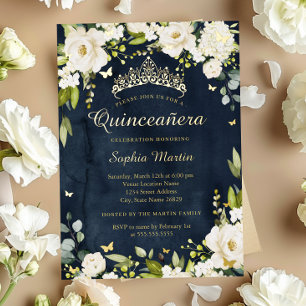 Invitation En Aluminium Papillon de Champagne Floral Navy Or Quinceanera