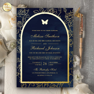 Invitation En Aluminium Papillon de mariage en arc à ligne bleue marine Or