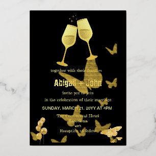 Invitation En Aluminium Papillon de mariage Verre à vin doré