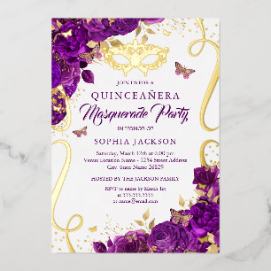 Invitation En Aluminium Papillon de Mascarade Or Violet Quinceanera