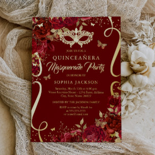 Invitation En Aluminium Papillon de Mascarade Royal Rouge Quinceanera
