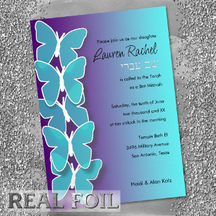 Invitation En Aluminium Papillon Dimensional bat mitzvah Turquoise violet