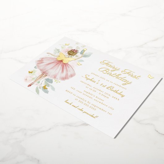 Invitation En Aluminium Papillon d'or Blush Fairy Premier 1er anniversaire (Rotation)