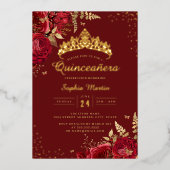 Invitation En Aluminium Papillon d'or Rouge Floral Rose Quinceanera (Recto)