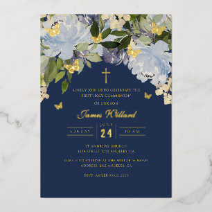 Invitation En Aluminium Papillon doré Navy Garçons Première communion Foil