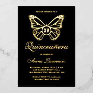 Invitation En Aluminium Papillon élégant noir et or XV Quinceanera