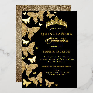 Invitation En Aluminium Papillon élégant or et noir Quinceanera