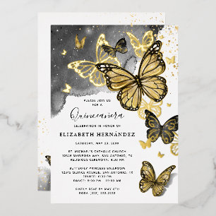 Invitation En Aluminium Papillon Élégant Quinceanera Noir Or Véritable