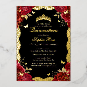 Invitation En Aluminium Papillon en dentelle d'or Rose Rouge Quinceanera A