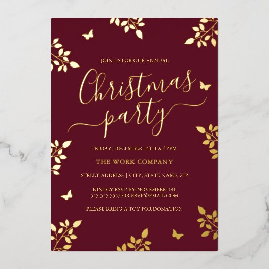 Invitation En Aluminium Papillon Feuille d'or Rouge entreprise Noël (Recto)
