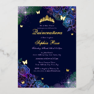 Invitation En Aluminium Papillon floral Arc-en-ciel Quinceanera or