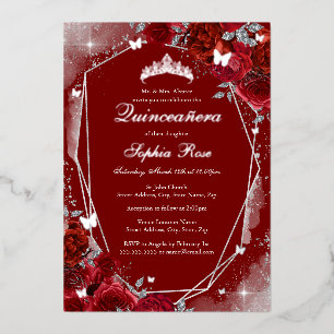Invitation En Aluminium Papillon Floral Argent Rouge Quinceanera