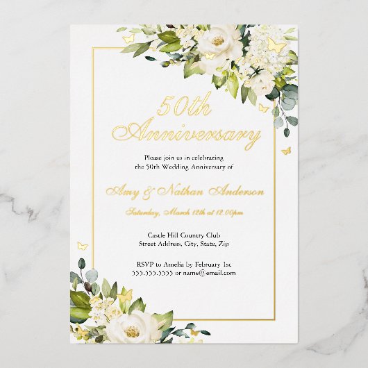 Invitation En Aluminium Papillon floral blanc 50e anniversaire Mariage (Recto)