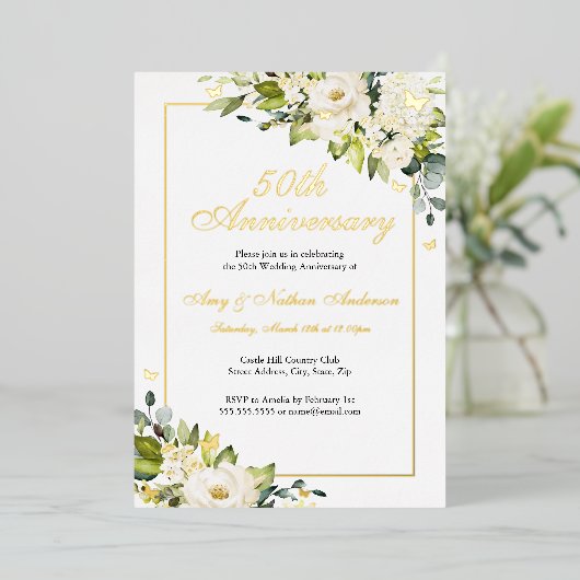 Invitation En Aluminium Papillon floral blanc 50e anniversaire Mariage (Debout devant)