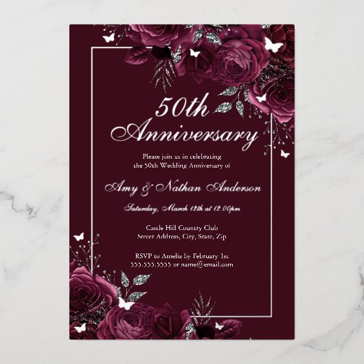 Invitation En Aluminium Papillon floral Bourgogne 50e anniversaire de Mari (Recto)