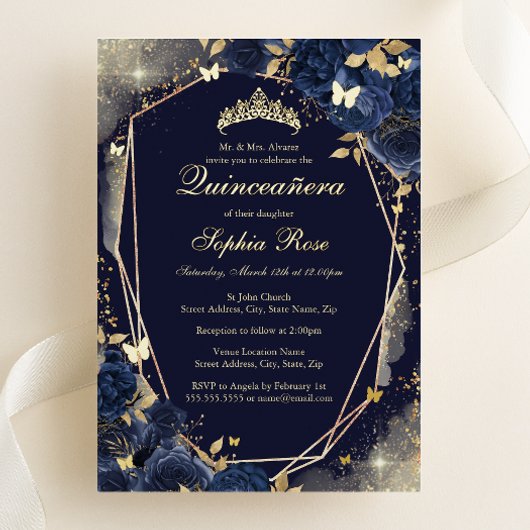 Invitation En Aluminium Papillon Floral Doré de la Marine Quinceanera