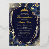 Invitation En Aluminium Papillon Floral Doré de la Marine Quinceanera (Recto)