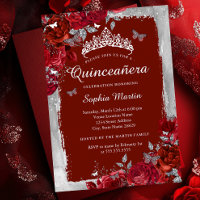 Papillon floral élégant argent rouge Quinceanera