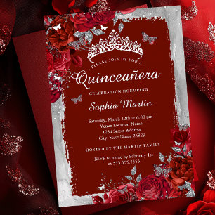 Invitation En Aluminium Papillon floral élégant argent rouge Quinceanera 