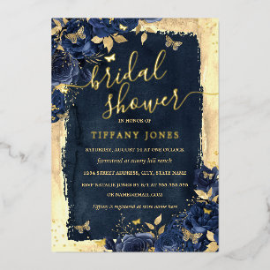 Invitation En Aluminium Papillon Floral Navy Or Doré pour une Mariée