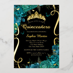 Invitation En Aluminium Papillon floral noir turquoise Élégant Quinceanera