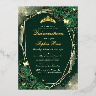 Invitation En Aluminium Papillon floral or émeraude pour Quinceanera