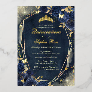 Invitation En Aluminium Papillon Floral Quinceanera Or étincelant Navy