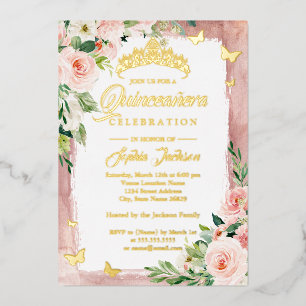 Invitation En Aluminium Papillon floral Quinceanera or rose pâle