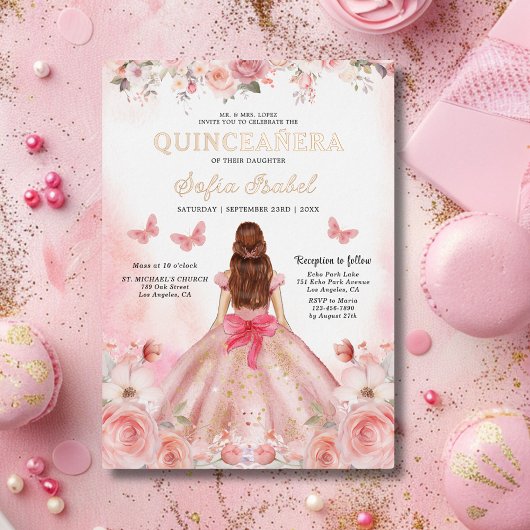Invitation En Aluminium Papillon floral rose rose pâle Quinceañera
