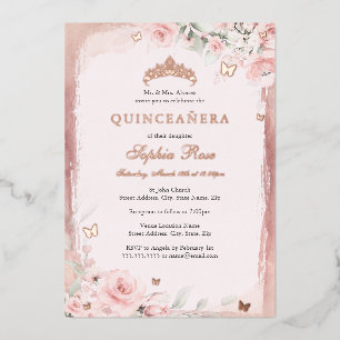 Invitation En Aluminium Papillon floral rose rose Tiara Quinceanera 15e
