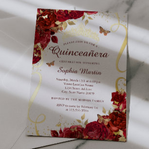 Invitation En Aluminium Papillon Floral Rouge Or Élégant Quinceanera 